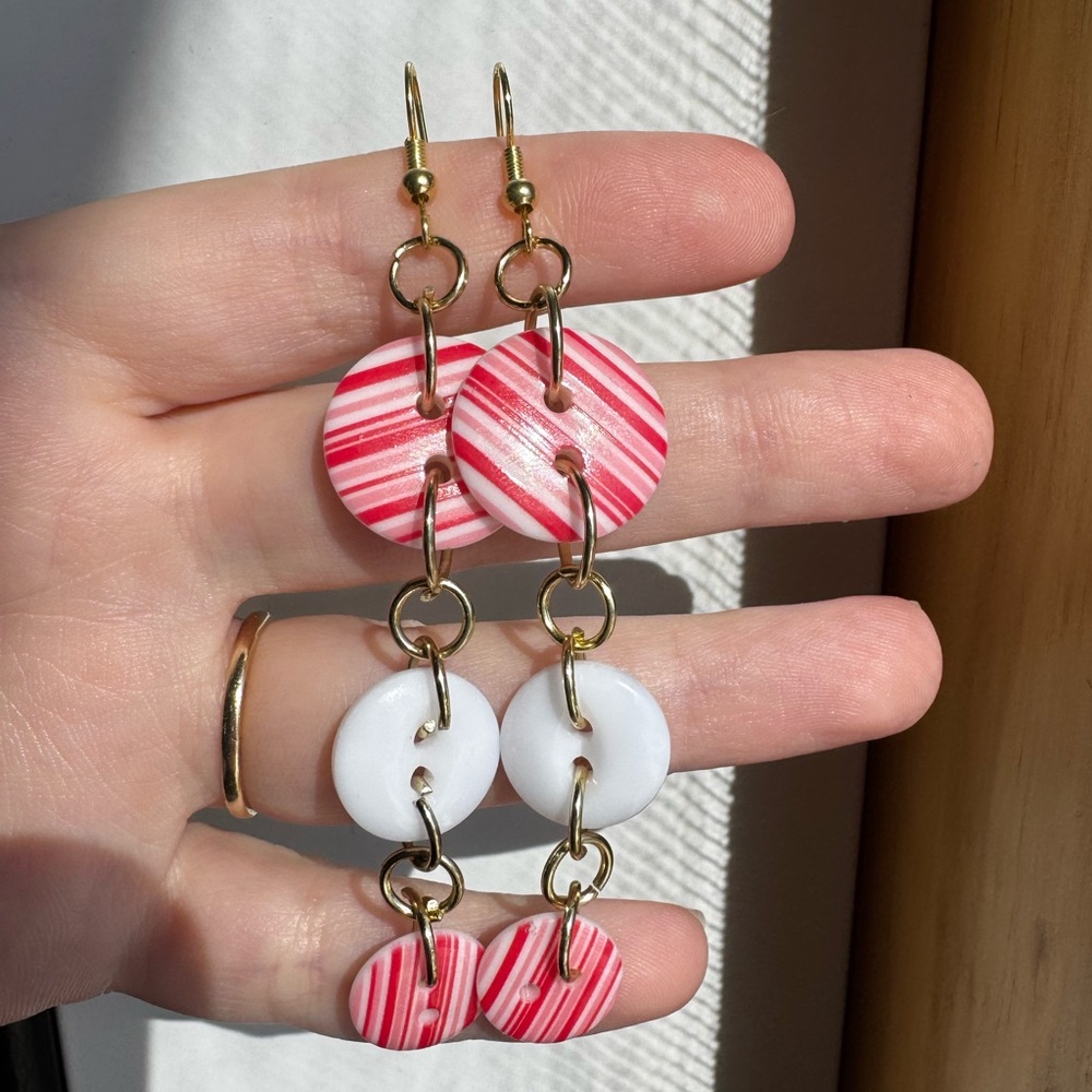 Handmade 2000s inspired red and white striped button earrings